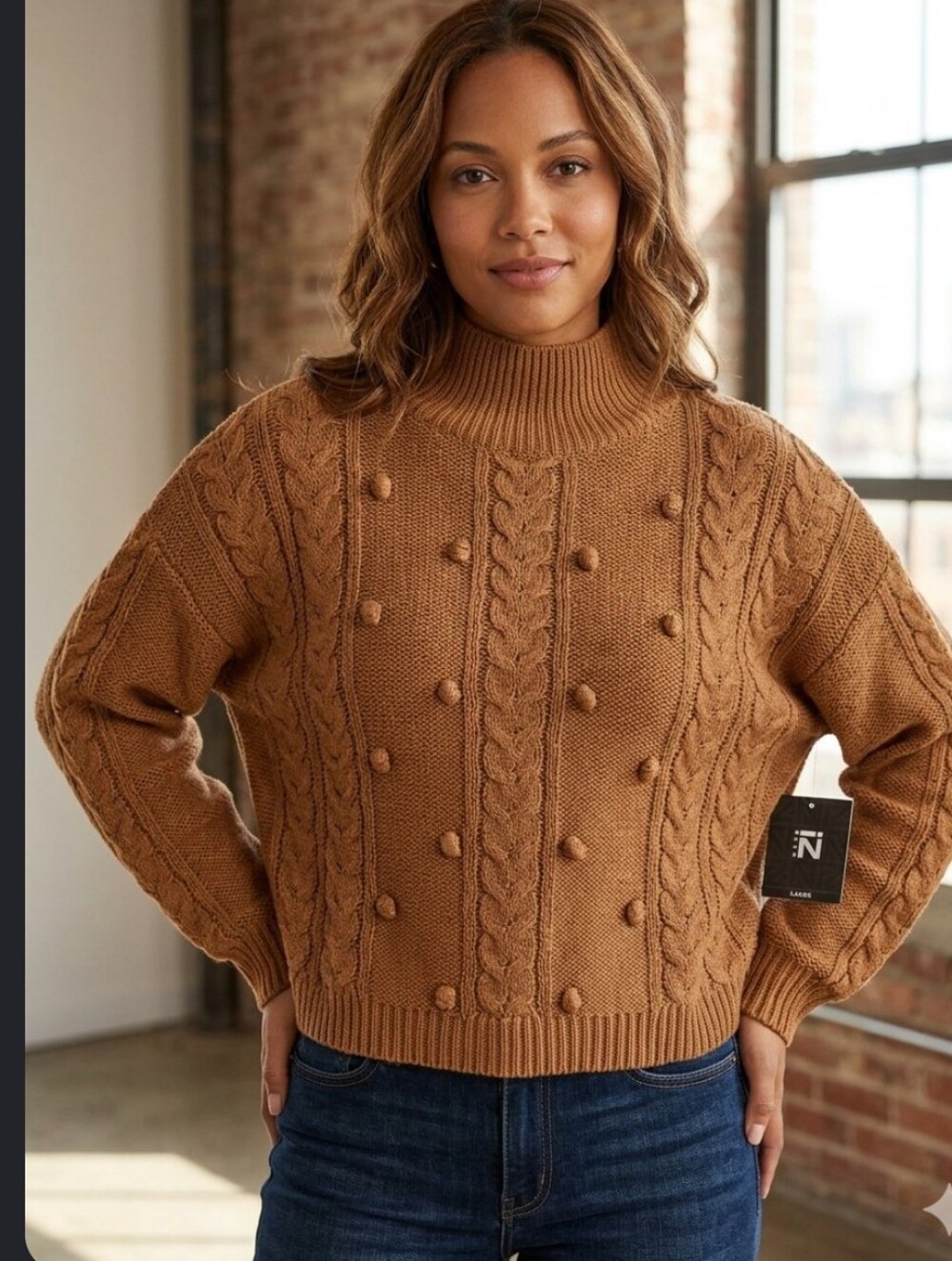 Chunky Cable-Knit Pom-Pom Sweater - Brown